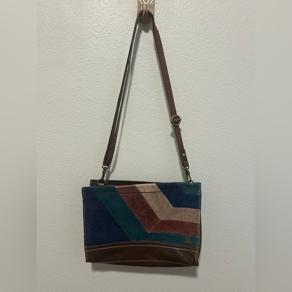 The Sak Brown Leather Suede Patchwork Shoulder Bag - Brown, Navy, Teal, Tan - Picture 3 of 7
